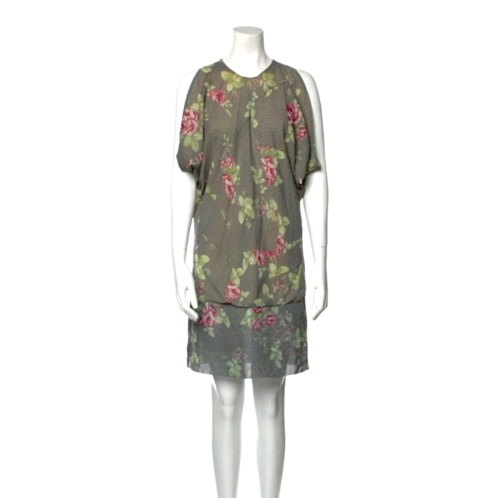 Alexander McQueen Green Floral Silk Blouson Cold Shoulder Dress